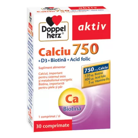 Calciu 750 + Vitamina D3 + Biotina + Acid folic, 30 comprimate