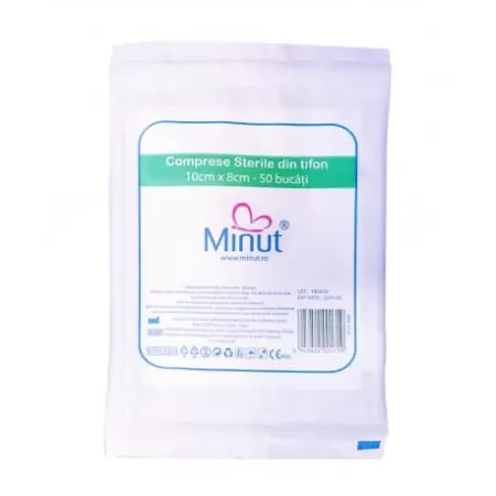 Comprese sterile taiate, din tifon 10cm x 8cm, Minut - 25 buc